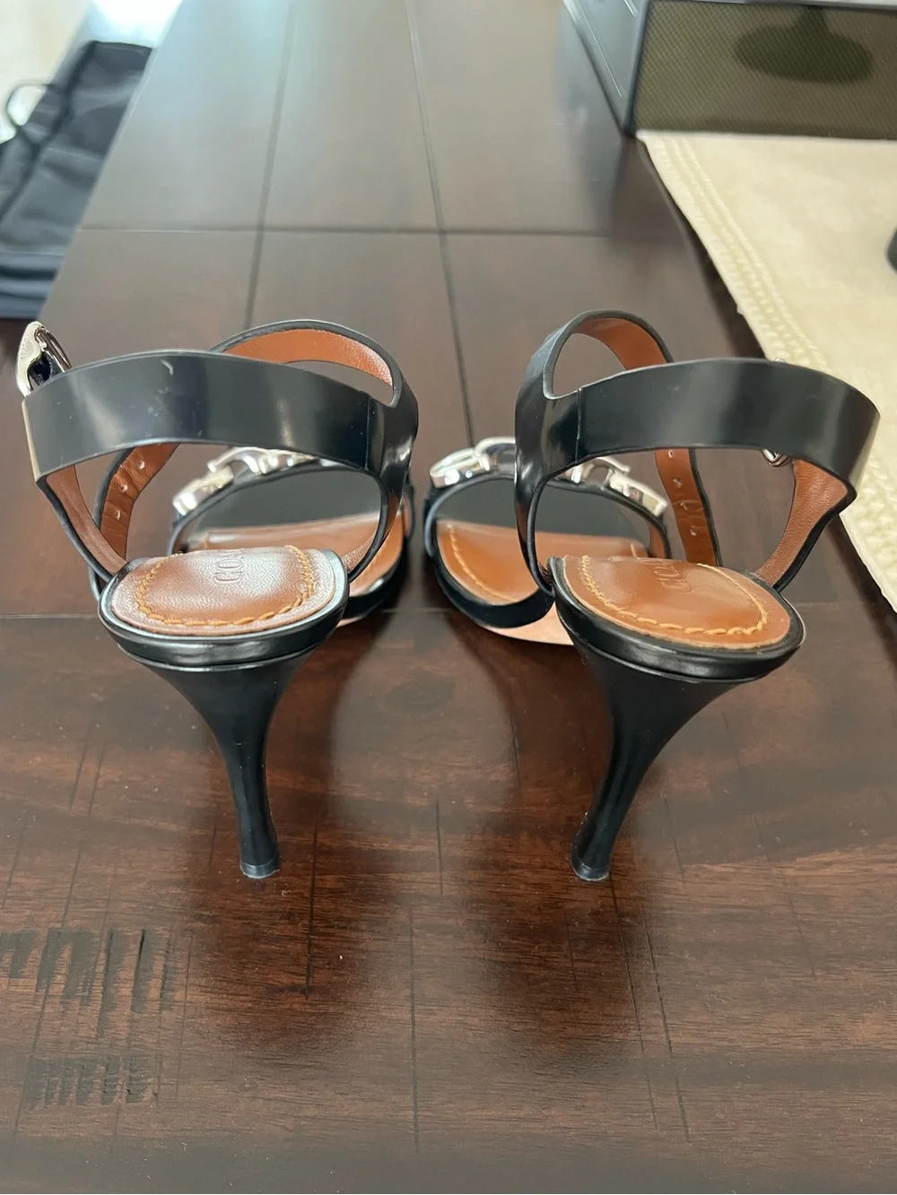 Coach Bonnie Black Leather Signature Chain Stiletto Sandals Size 7